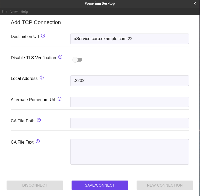 An example connection to an SSH service from Pomerium Desktop